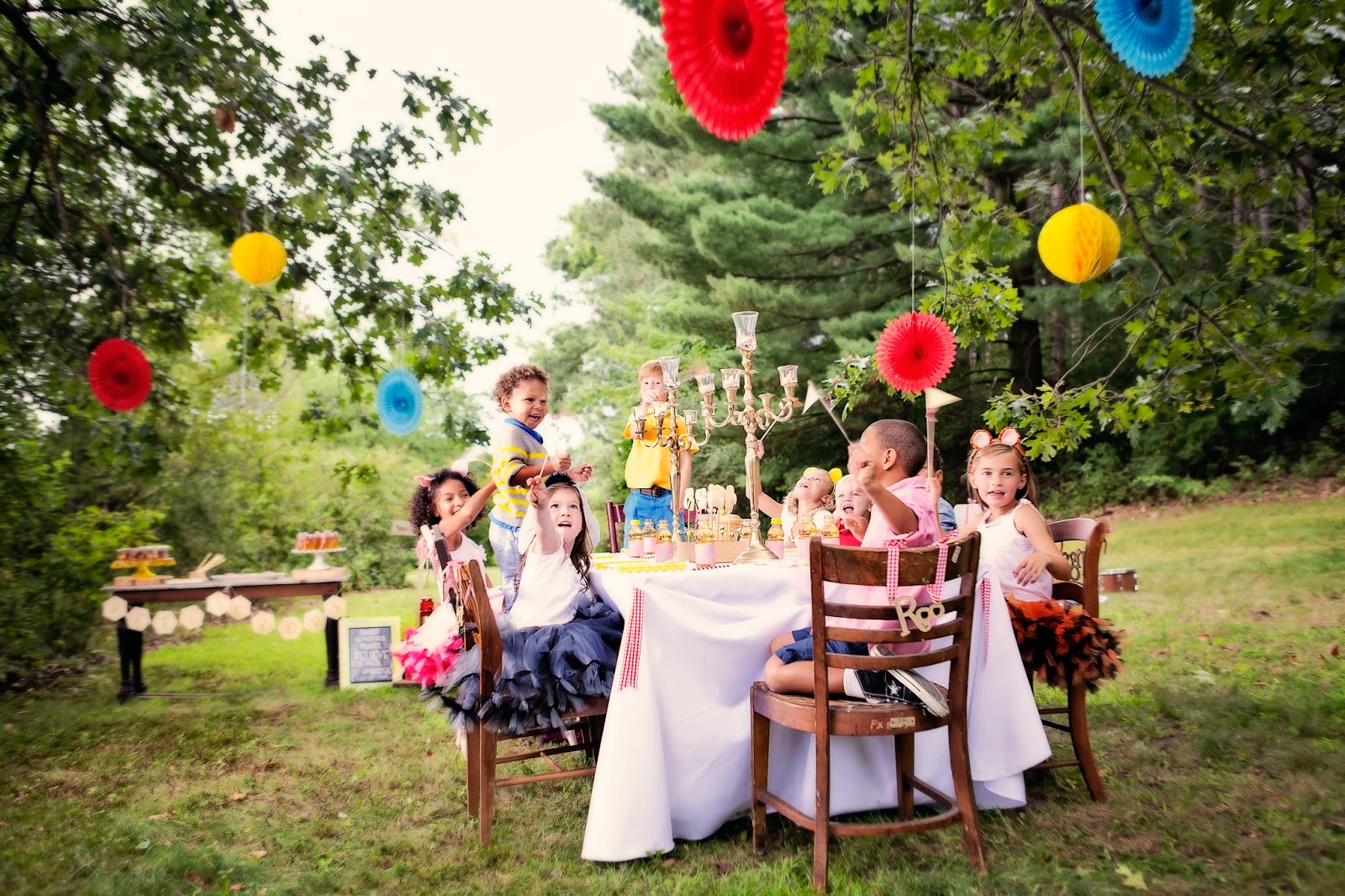 Magical children's party with colorful decorations and happy kids